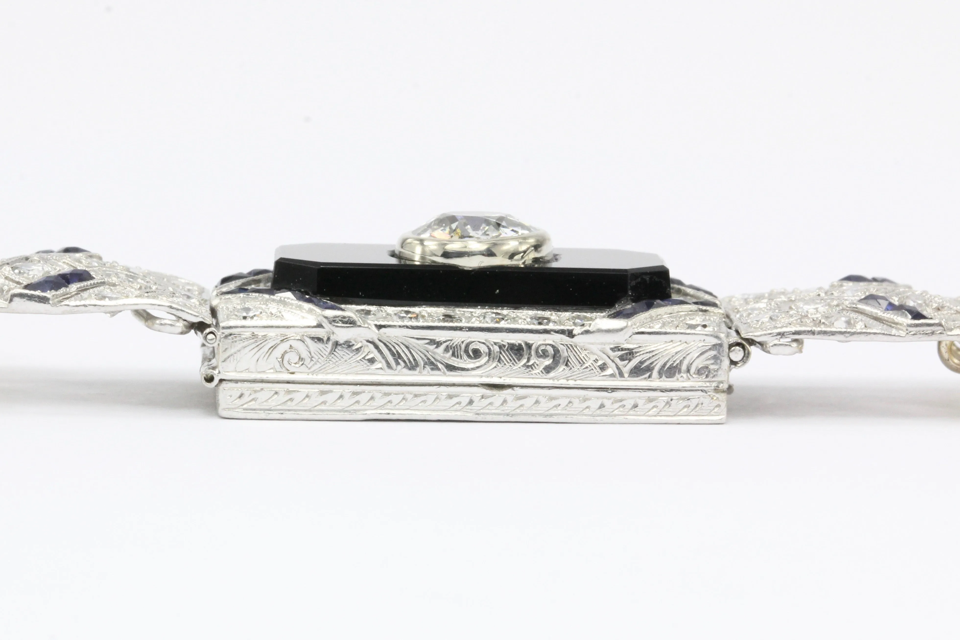 Art Deco Platinum Old European Diamond Sapphire Pearl Onyx Watch Conversion Bracelet
