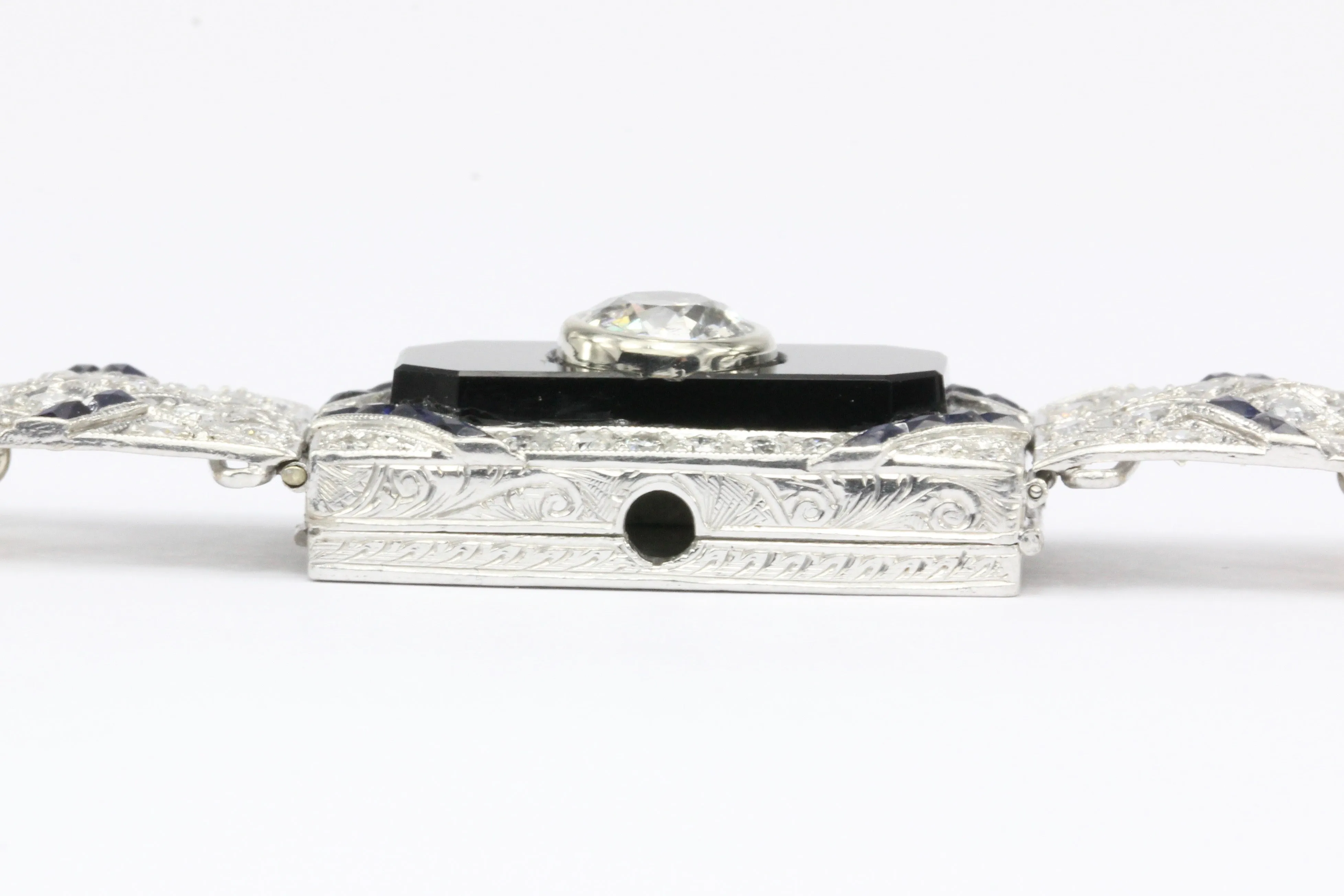 Art Deco Platinum Old European Diamond Sapphire Pearl Onyx Watch Conversion Bracelet