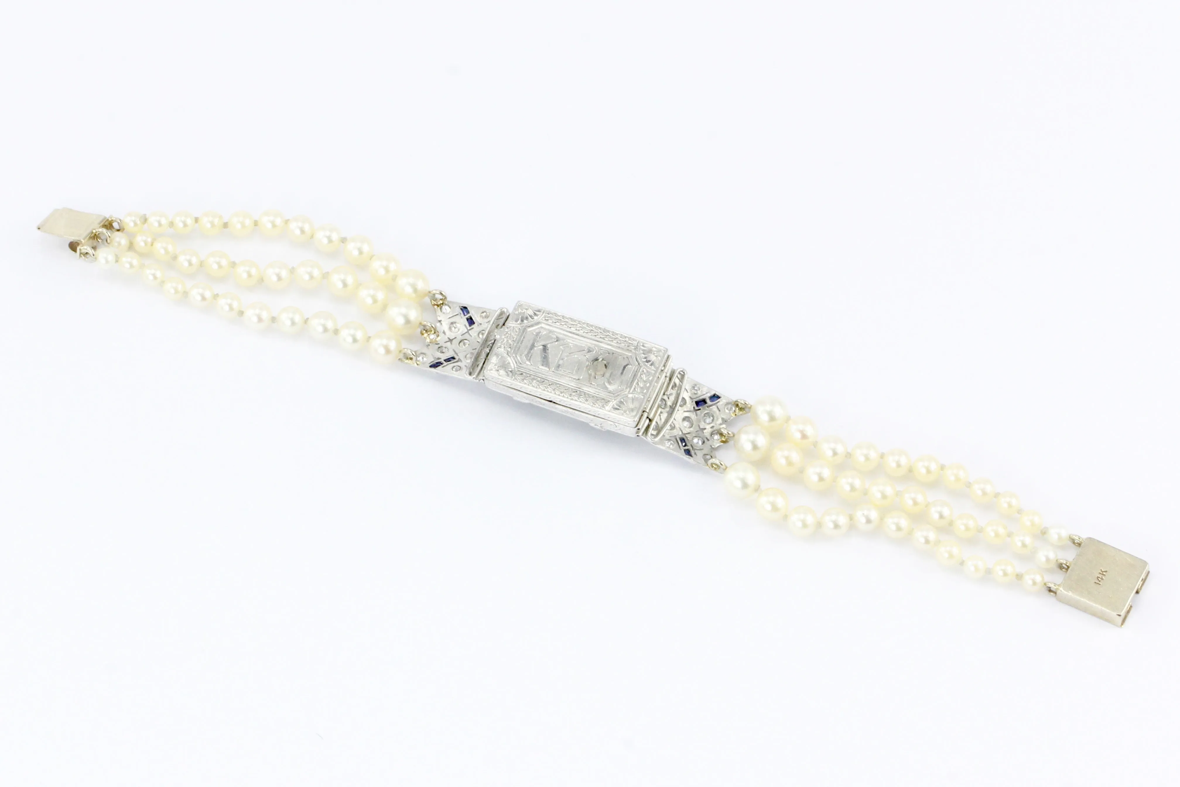 Art Deco Platinum Old European Diamond Sapphire Pearl Onyx Watch Conversion Bracelet
