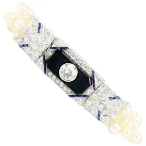 Art Deco Platinum Old European Diamond Sapphire Pearl Onyx Watch Conversion Bracelet