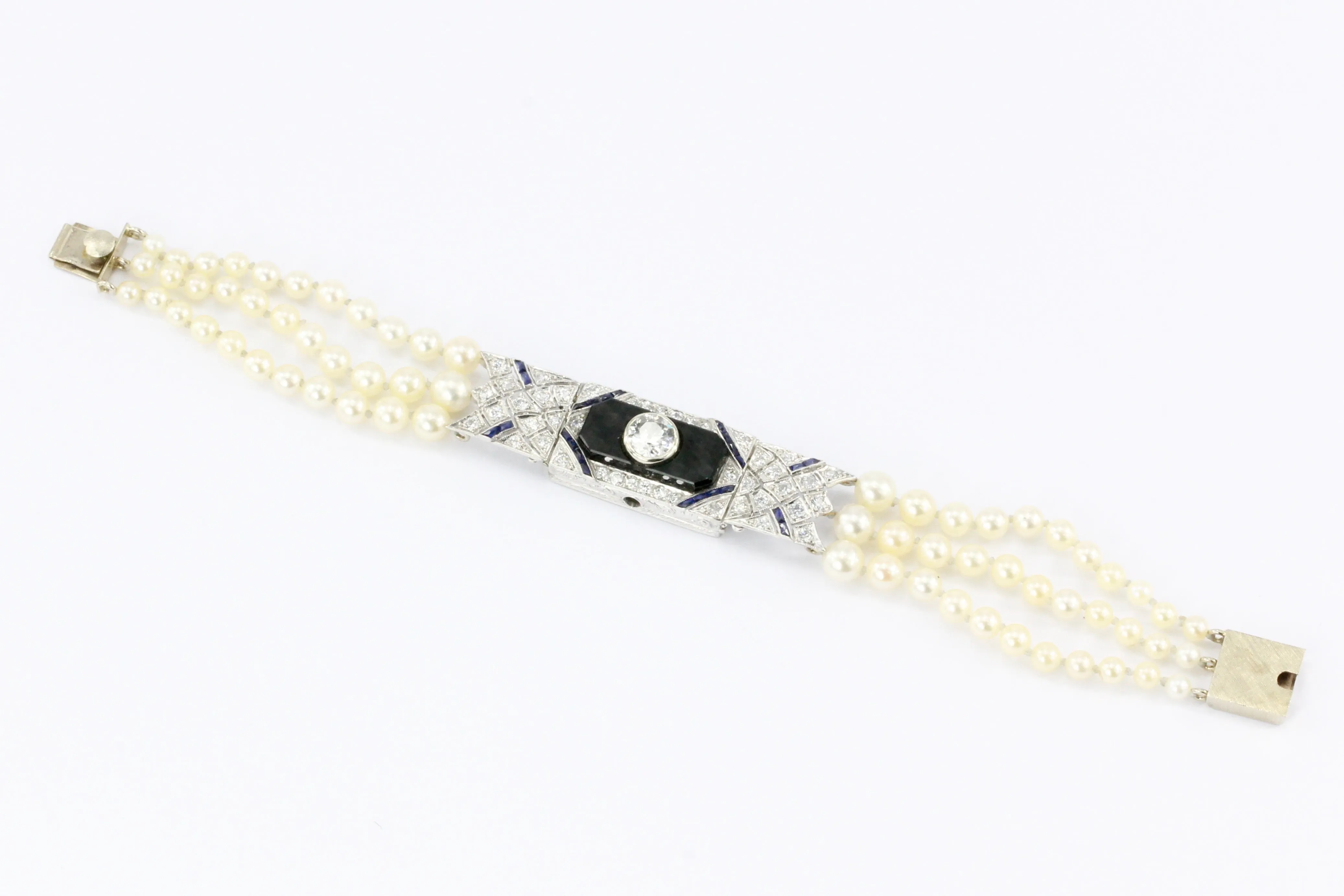 Art Deco Platinum Old European Diamond Sapphire Pearl Onyx Watch Conversion Bracelet