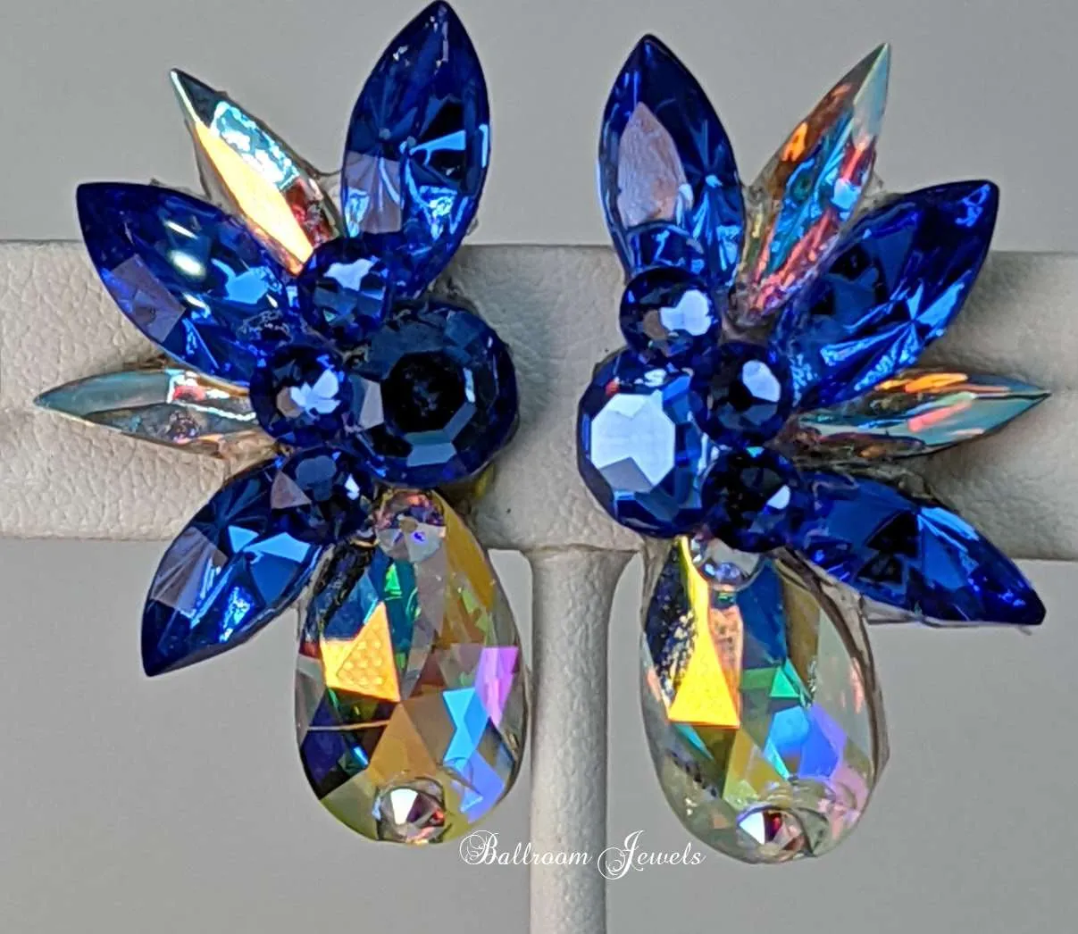 Ballroom Crystal Pear spray earring in Sapphire blue