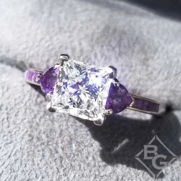 Ben Garelick Princess Cut Center Heart Shaped Amethyst Side Gemstone Engagement Ring