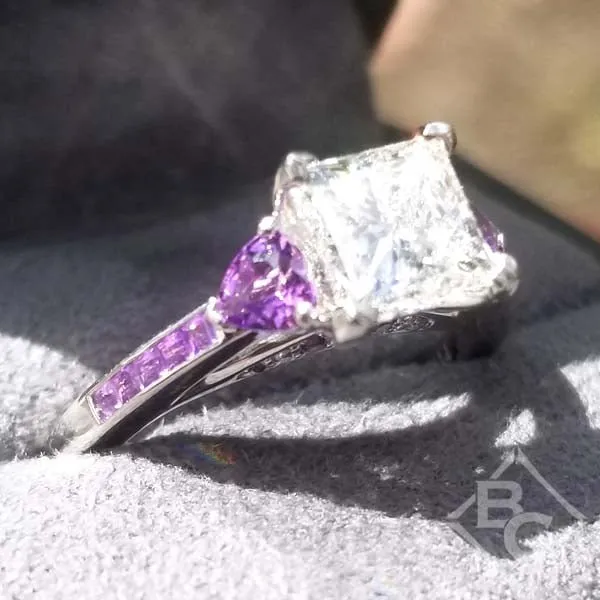 Ben Garelick Princess Cut Center Heart Shaped Amethyst Side Gemstone Engagement Ring
