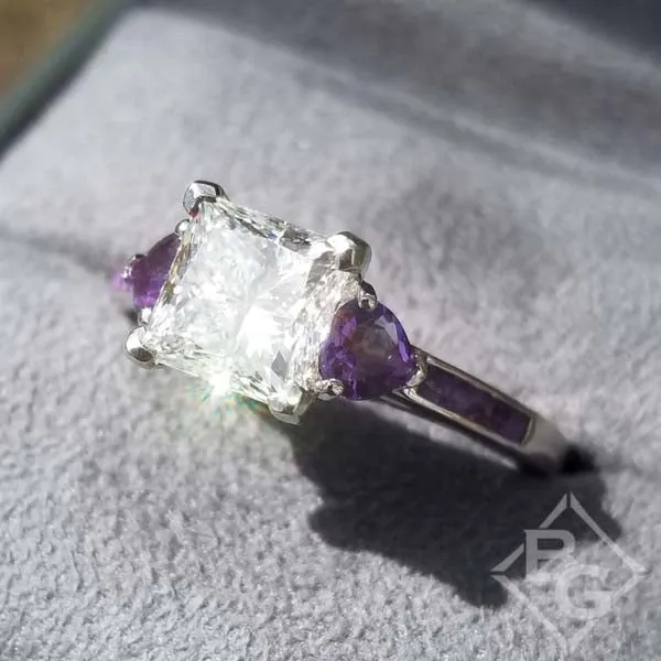 Ben Garelick Princess Cut Center Heart Shaped Amethyst Side Gemstone Engagement Ring