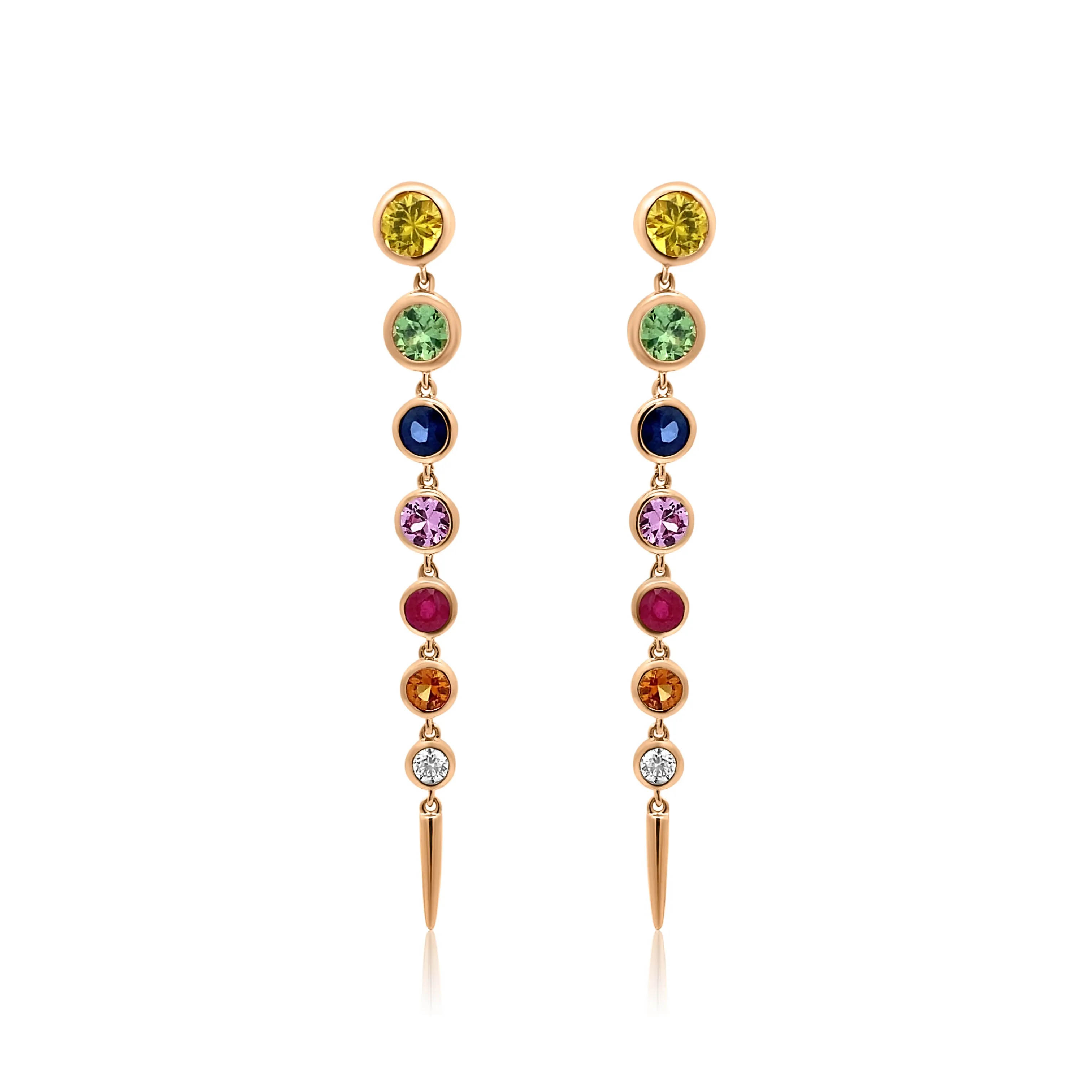 Bezel Set Emerald or Rainbow Sapphire & Diamond Drop Earrings