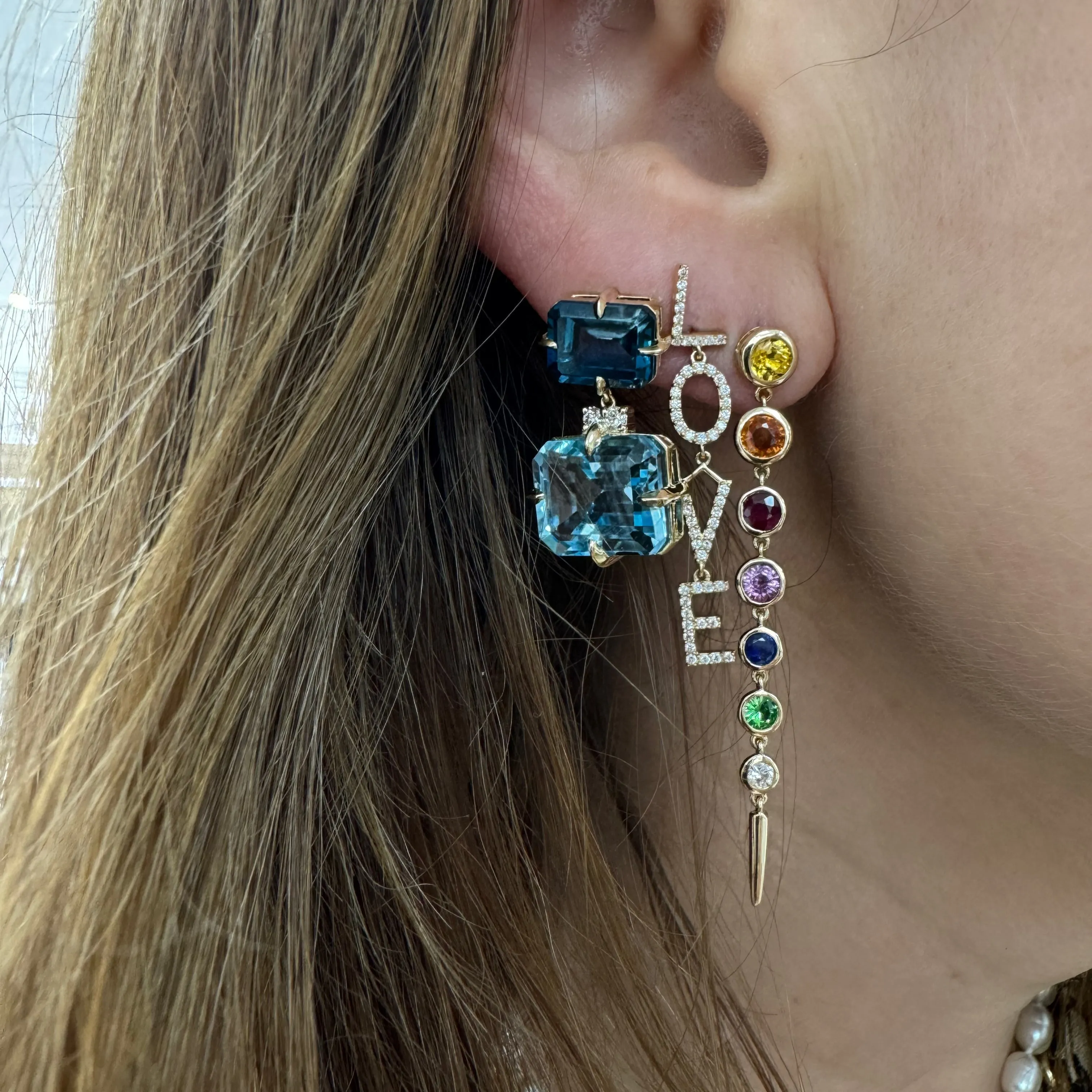 Bezel Set Emerald or Rainbow Sapphire & Diamond Drop Earrings