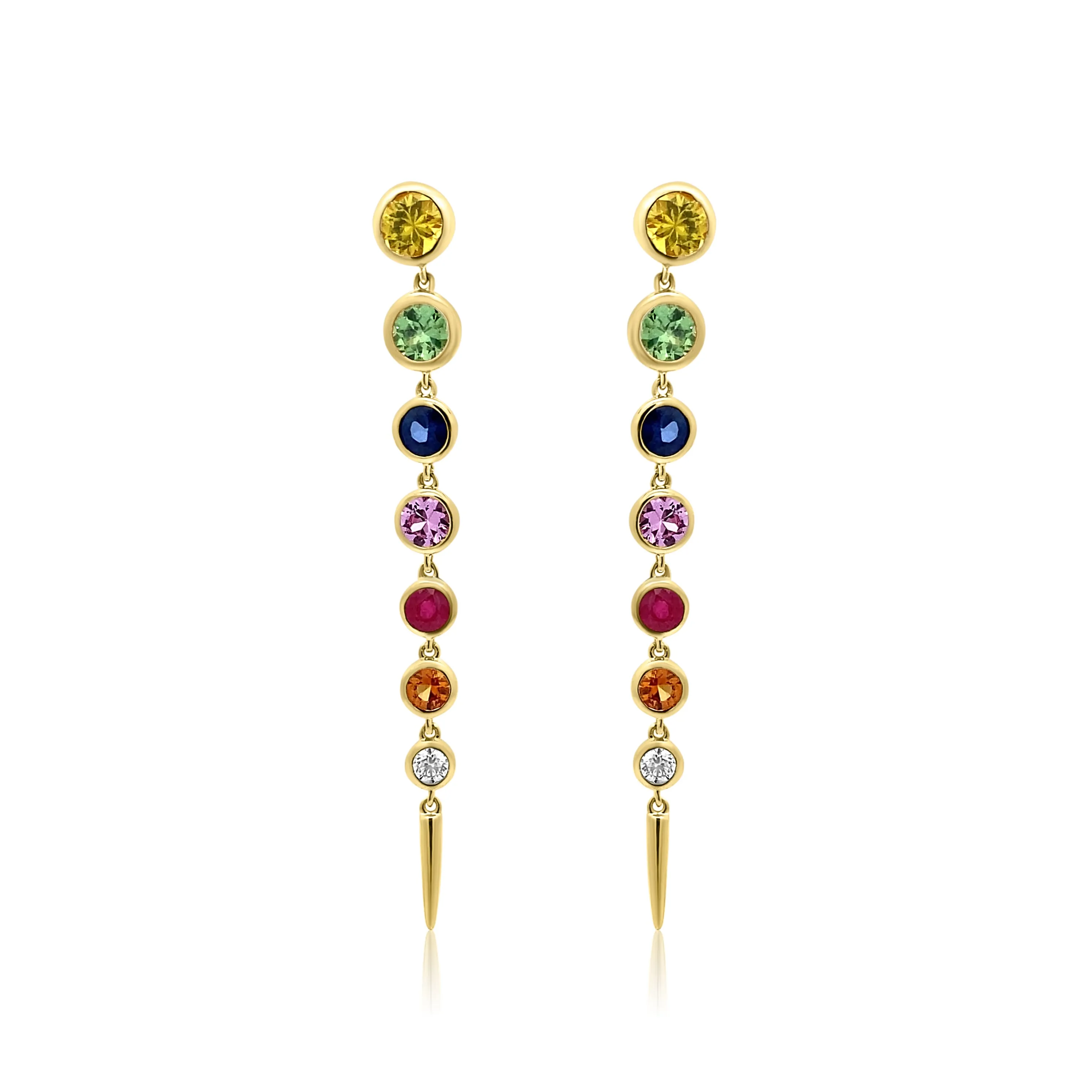 Bezel Set Emerald or Rainbow Sapphire & Diamond Drop Earrings