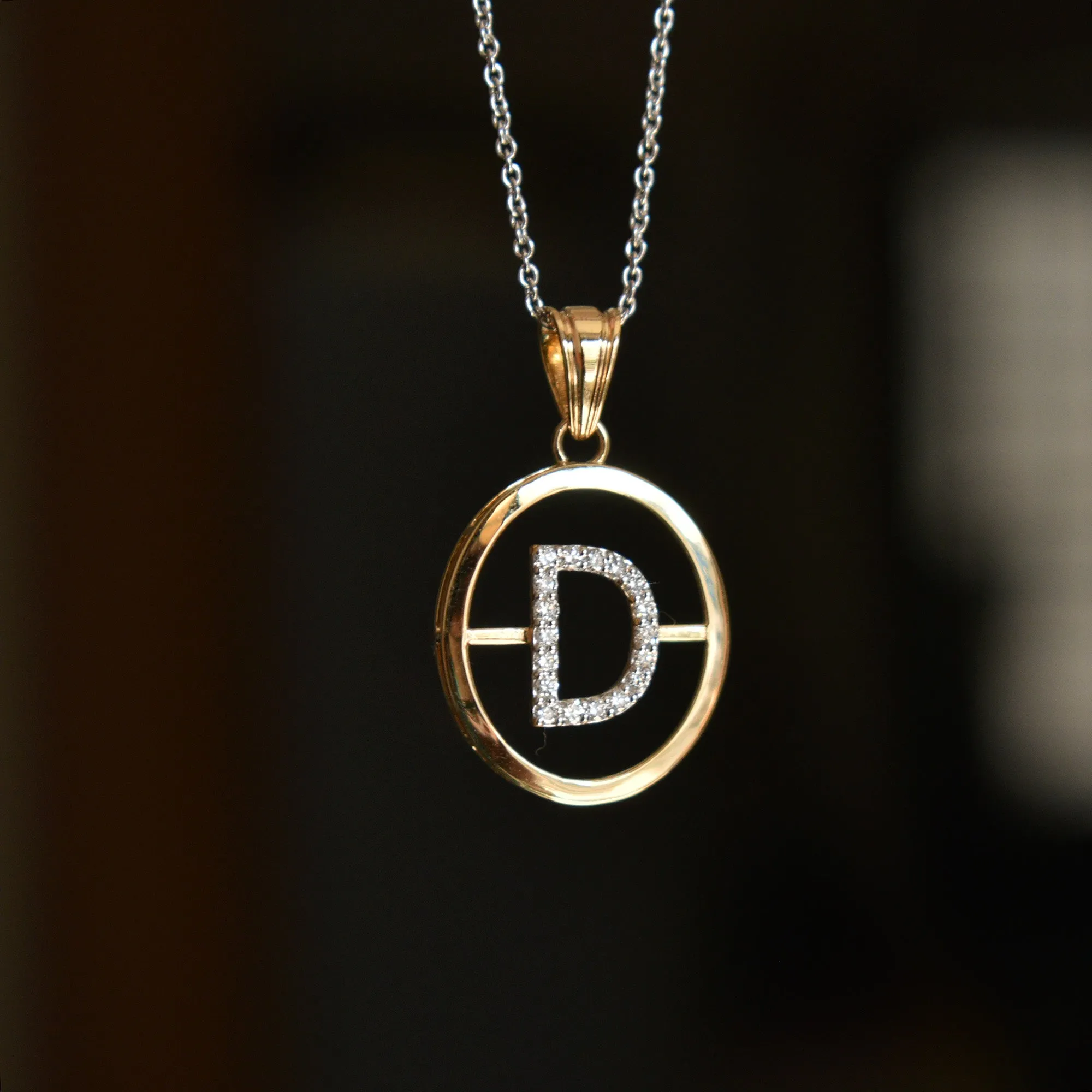 Big Initial Pendant 14K Solid Gold, Diamond Studded Initial with Oval Gold Halo, Custom Alphabet Men's Pendant, Personalized Gifts for Him