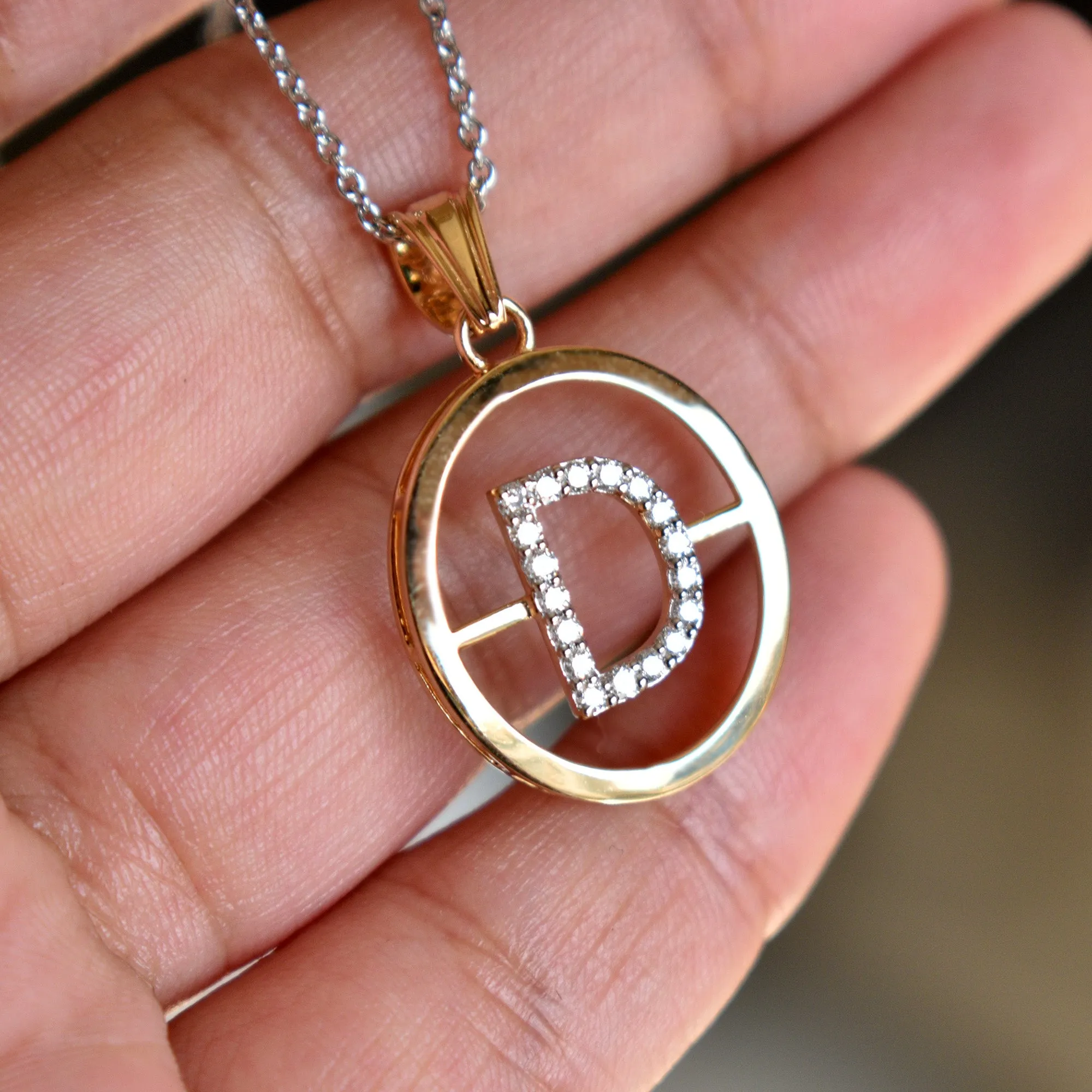 Big Initial Pendant 14K Solid Gold, Diamond Studded Initial with Oval Gold Halo, Custom Alphabet Men's Pendant, Personalized Gifts for Him