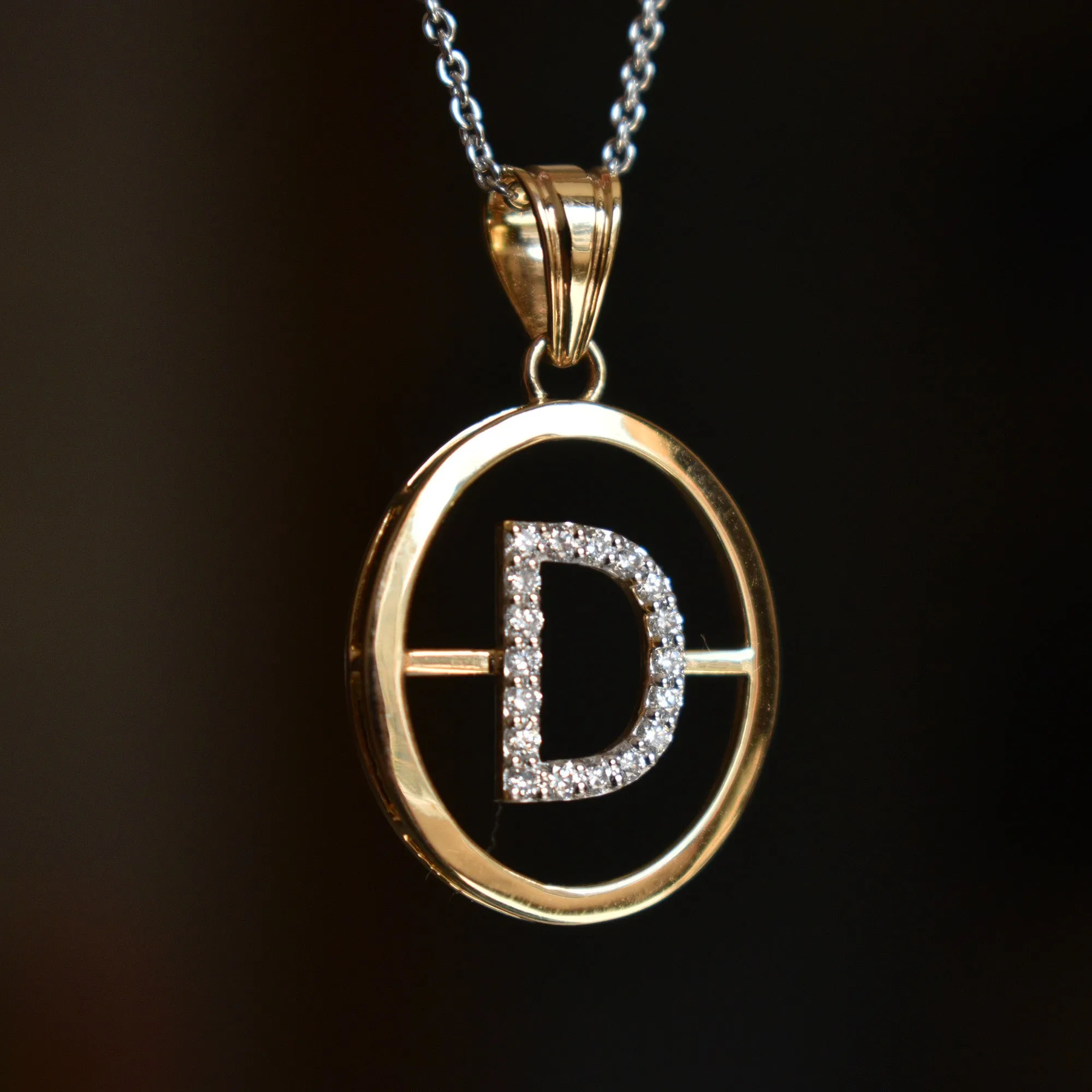 Big Initial Pendant 14K Solid Gold, Diamond Studded Initial with Oval Gold Halo, Custom Alphabet Men's Pendant, Personalized Gifts for Him