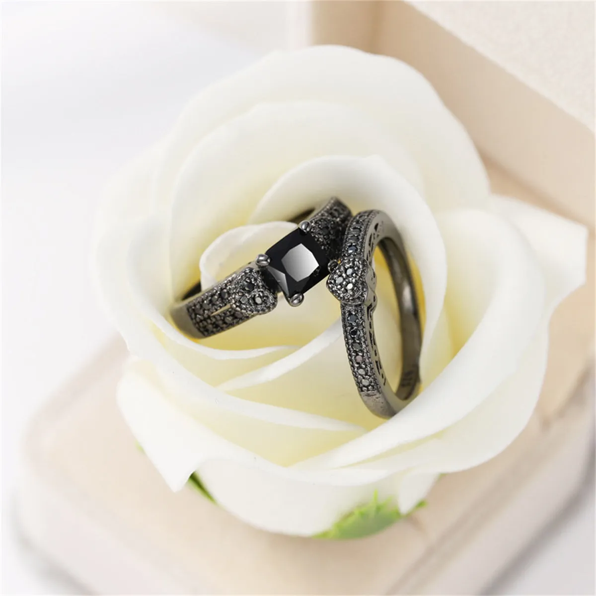 Black Crystal & Black Cubic Zirconia Heart Princess-Cut Ring & Pavé Band