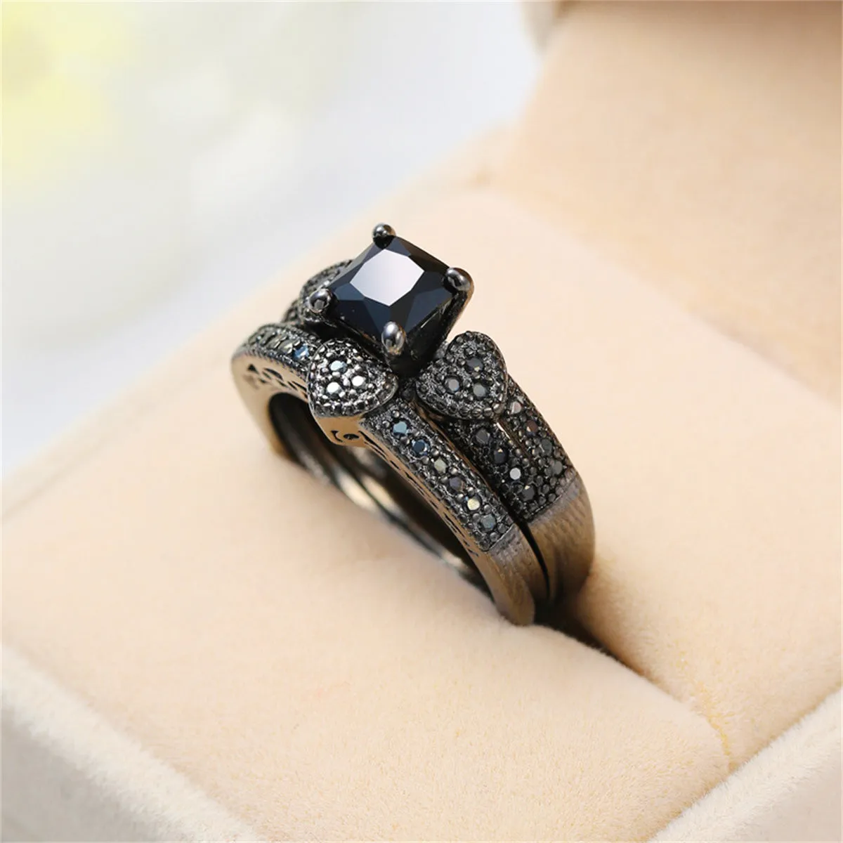 Black Crystal & Black Cubic Zirconia Heart Princess-Cut Ring & Pavé Band