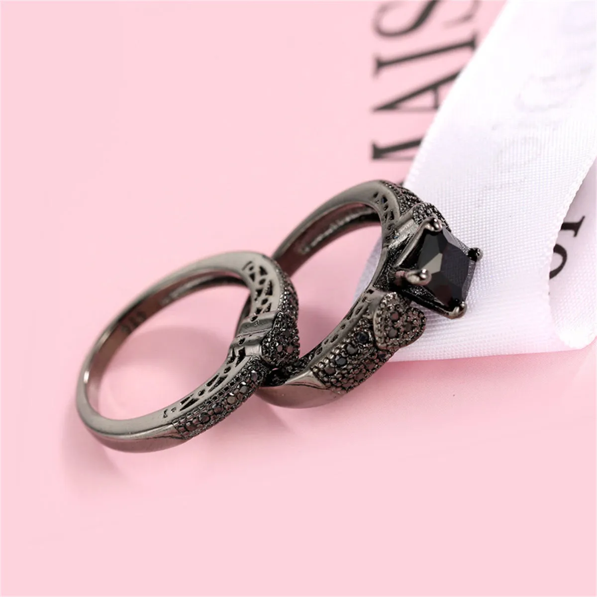 Black Crystal & Black Cubic Zirconia Heart Princess-Cut Ring & Pavé Band