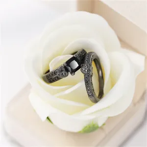 Black Crystal & Black Cubic Zirconia Heart Princess-Cut Ring & Pavé Band