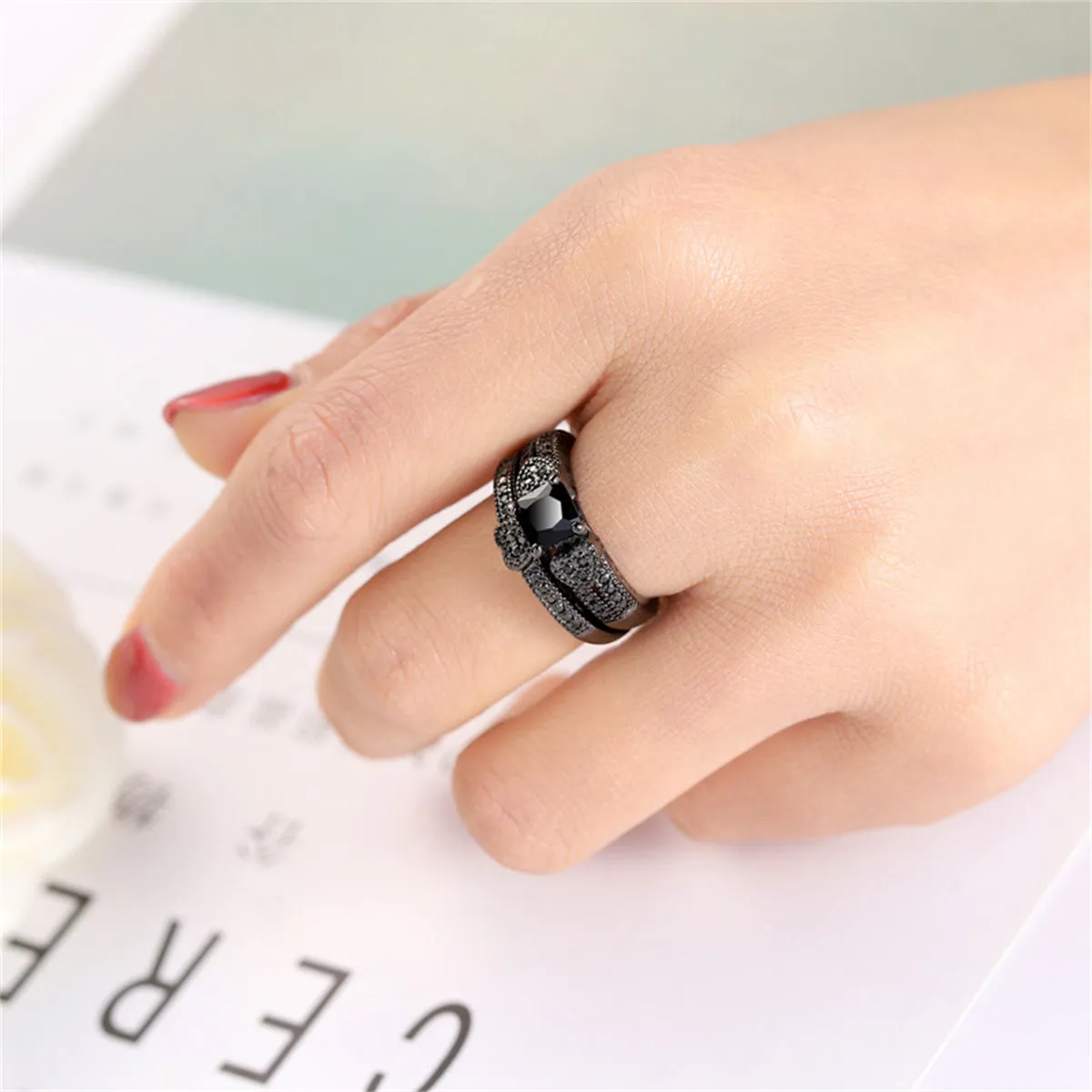 Black Crystal & Black Cubic Zirconia Heart Princess-Cut Ring & Pavé Band