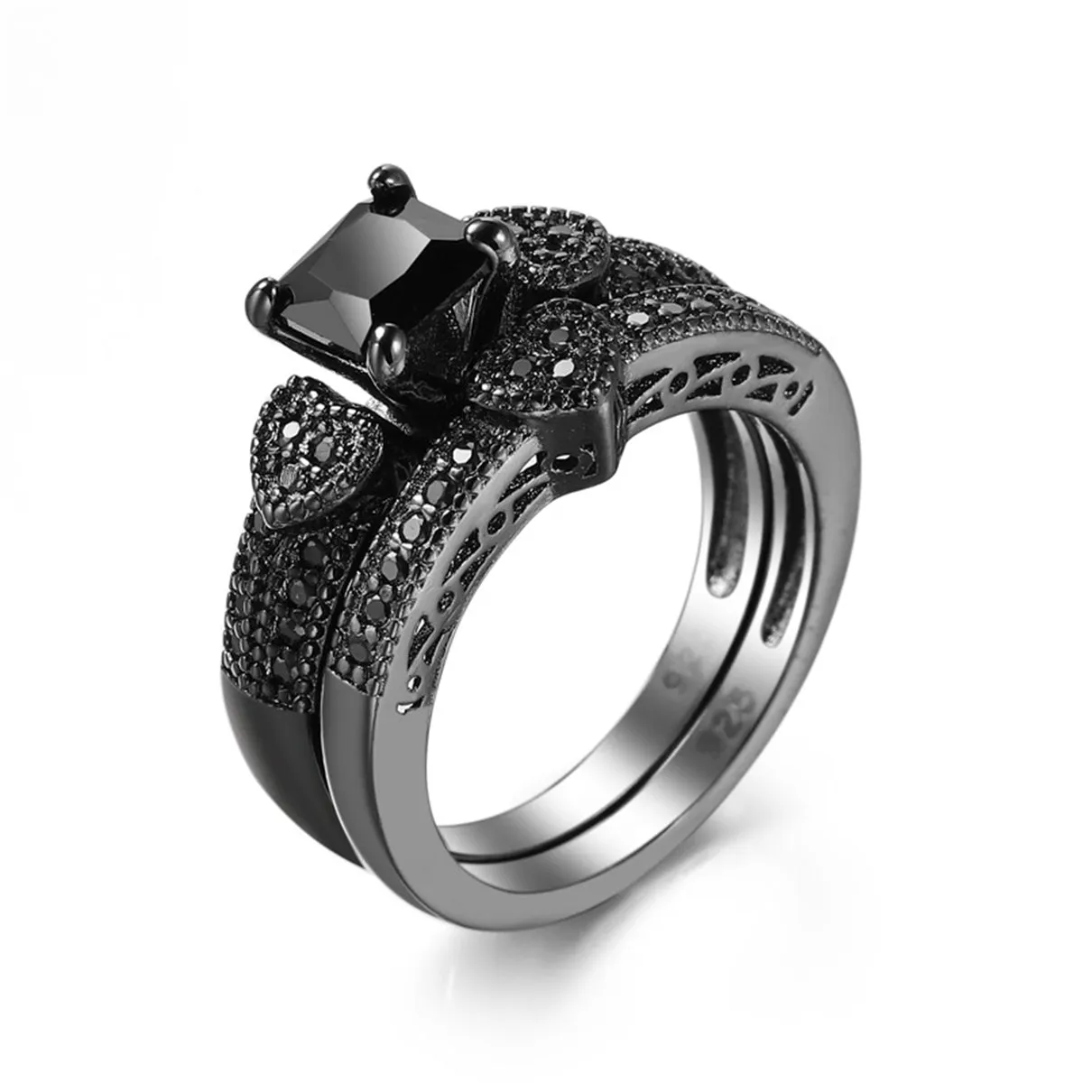Black Crystal & Black Cubic Zirconia Heart Princess-Cut Ring & Pavé Band