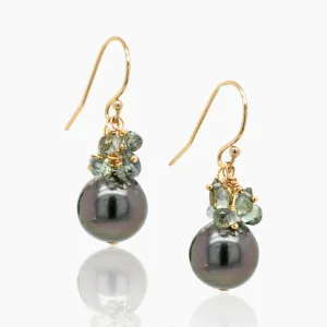Black Tahitian Pearl with Grey Sapphire Gold Earrings