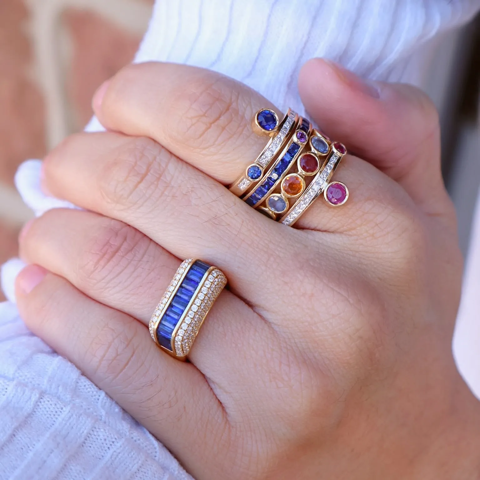 Blue Sapphire & Amethyst Mega Ray Stacker Ring