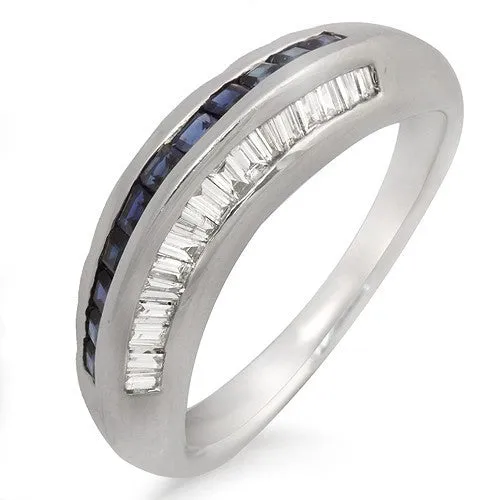 Blue Sapphire & Diamond Beveled Style Ring, 18k White Gold