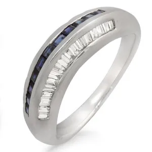 Blue Sapphire & Diamond Beveled Style Ring, 18k White Gold