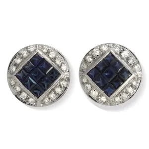 Blue Sapphire & Round Pave Set Diamond Stud Earrings, 18k White Gold