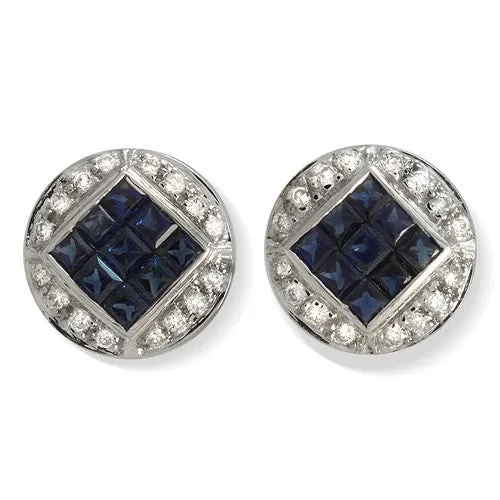 Blue Sapphire & Round Pave Set Diamond Stud Earrings, 18k White Gold