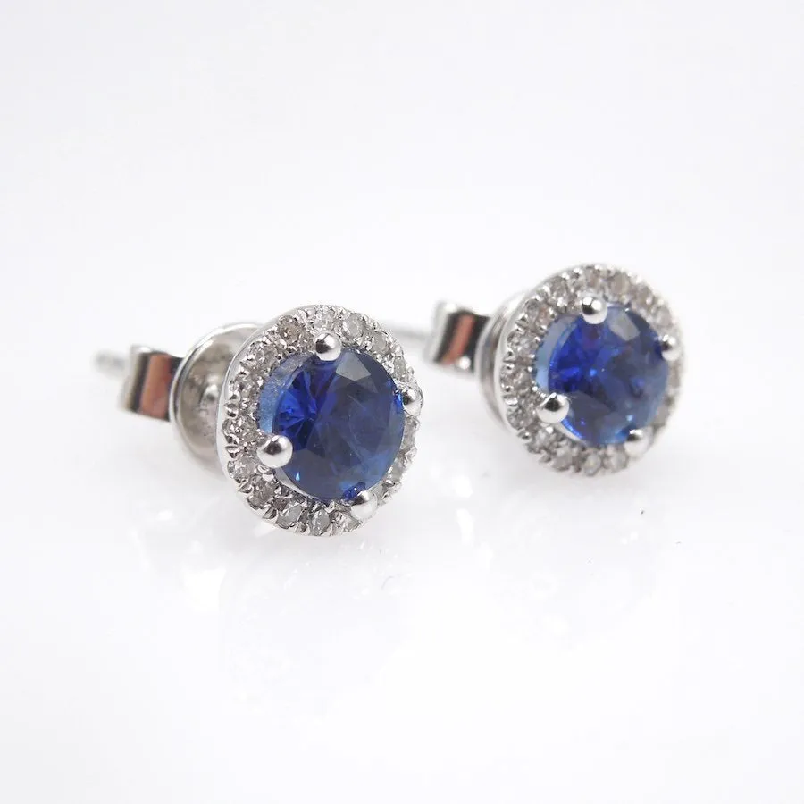 Blue Sapphire and Diamond Halo Stud Earrings