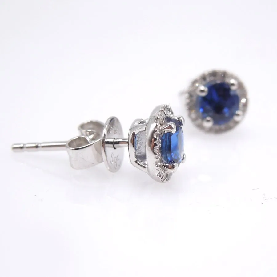 Blue Sapphire and Diamond Halo Stud Earrings