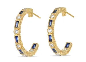 Blue Sapphire Baguette & Diamond Bezel Hoop Earrings