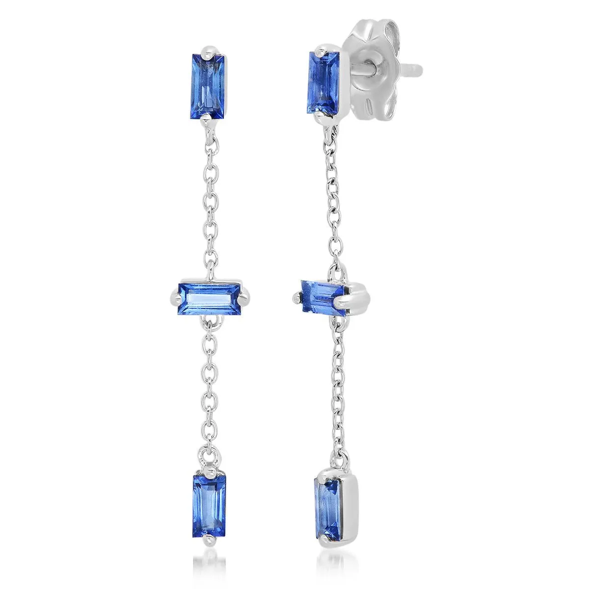 Blue Sapphire Baguette and Chain Drop Earrings