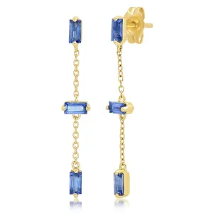 Blue Sapphire Baguette and Chain Drop Earrings