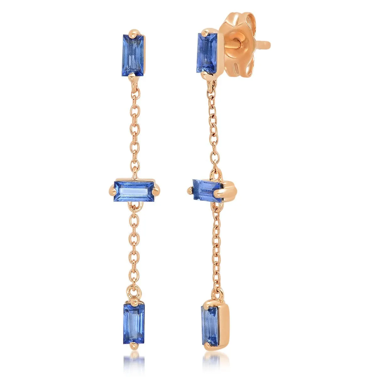 Blue Sapphire Baguette and Chain Drop Earrings