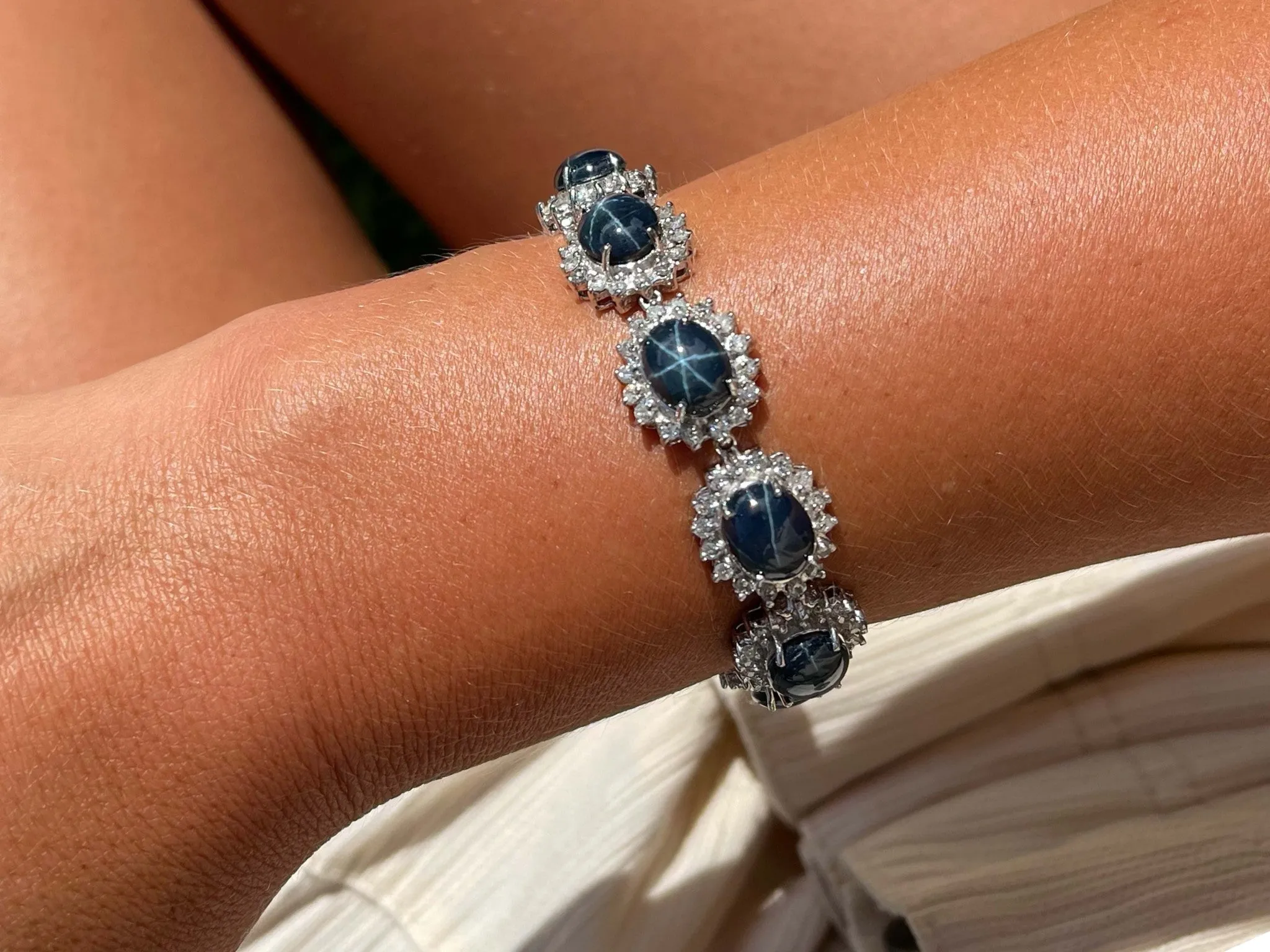 Blue Star Sapphire Diamond Statement Bracelet in 14k White Gold