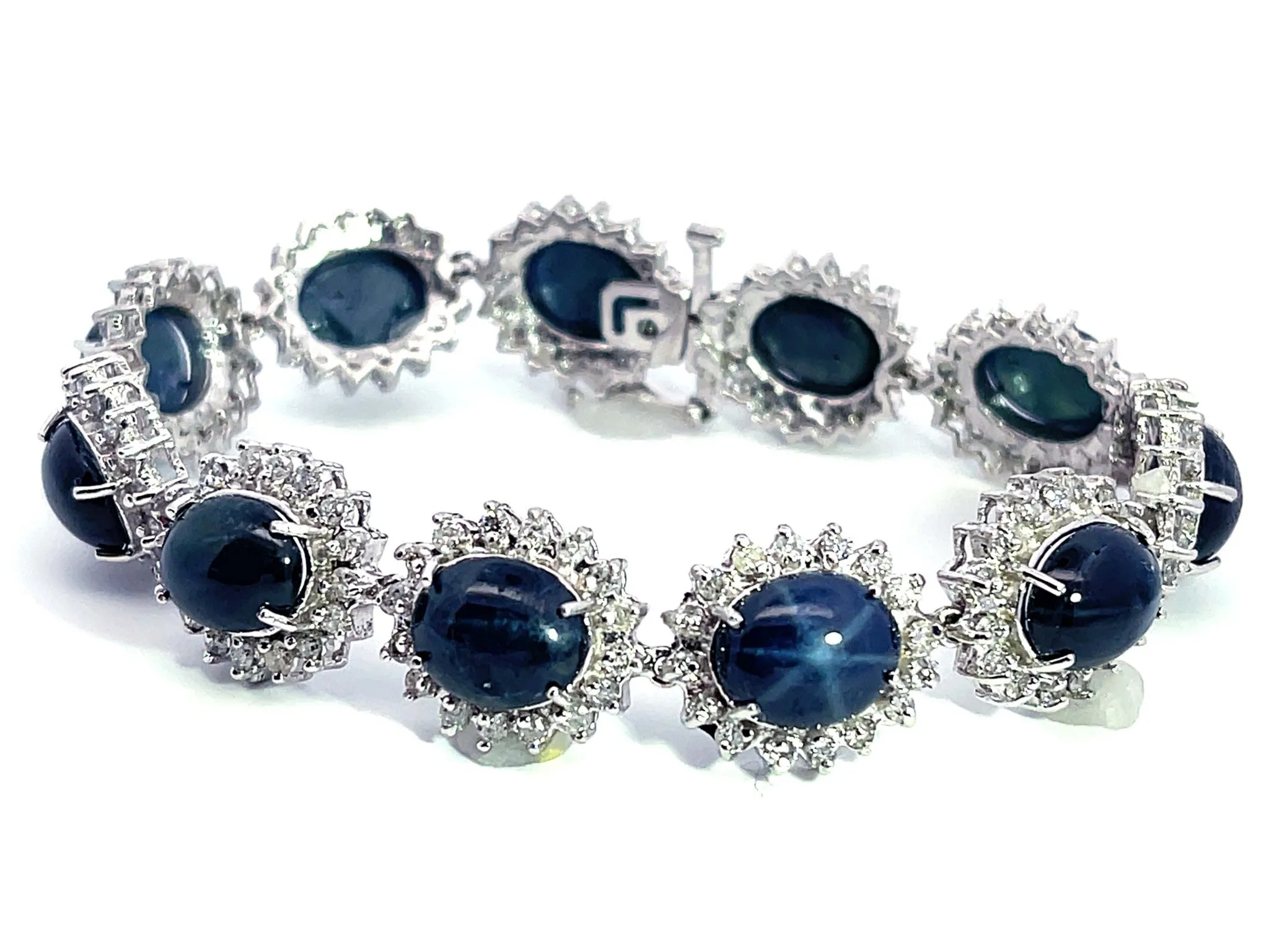 Blue Star Sapphire Diamond Statement Bracelet in 14k White Gold