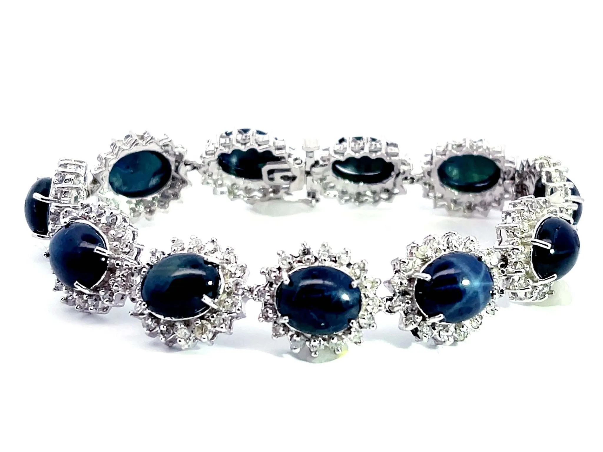 Blue Star Sapphire Diamond Statement Bracelet in 14k White Gold