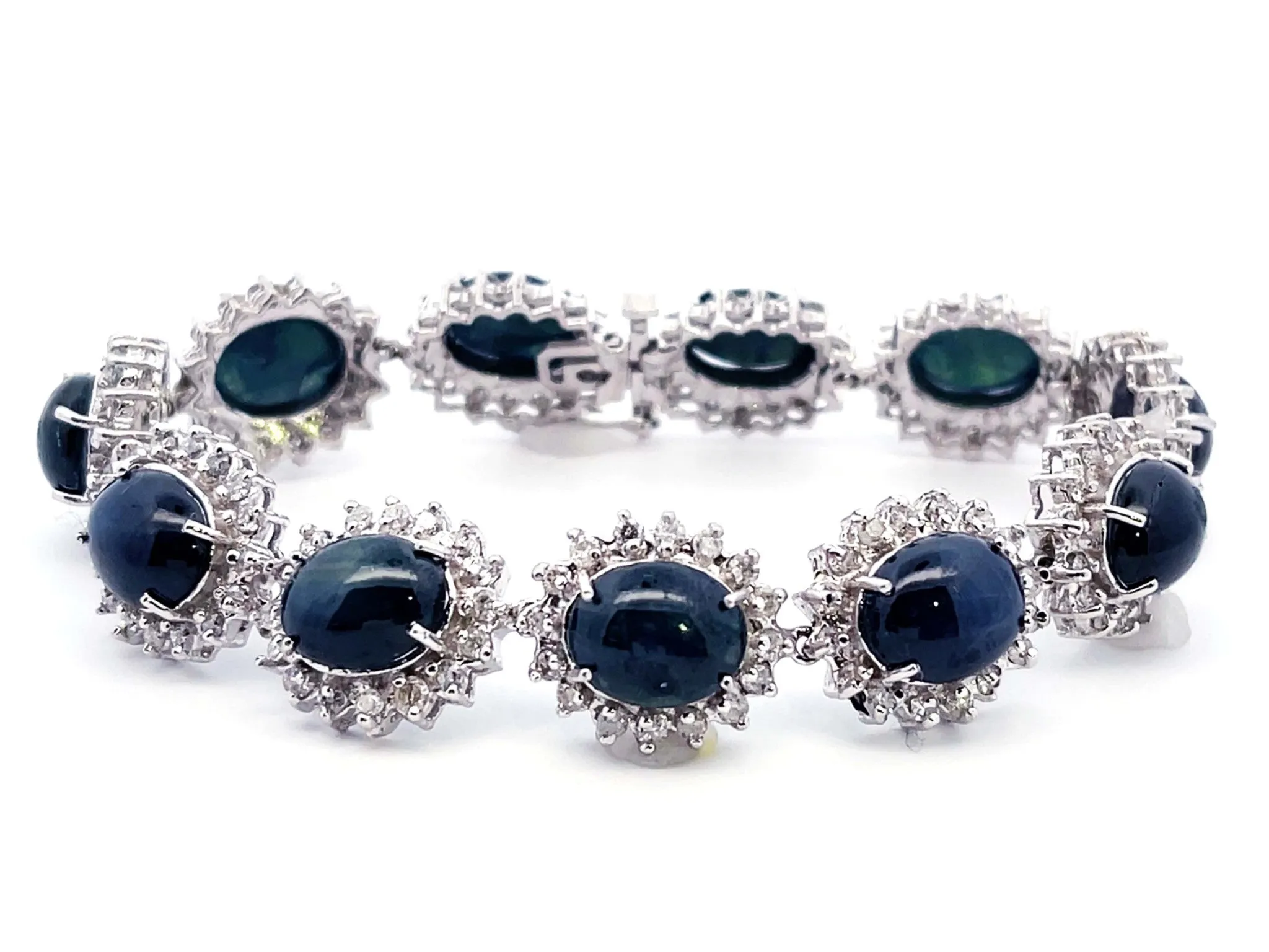 Blue Star Sapphire Diamond Statement Bracelet in 14k White Gold