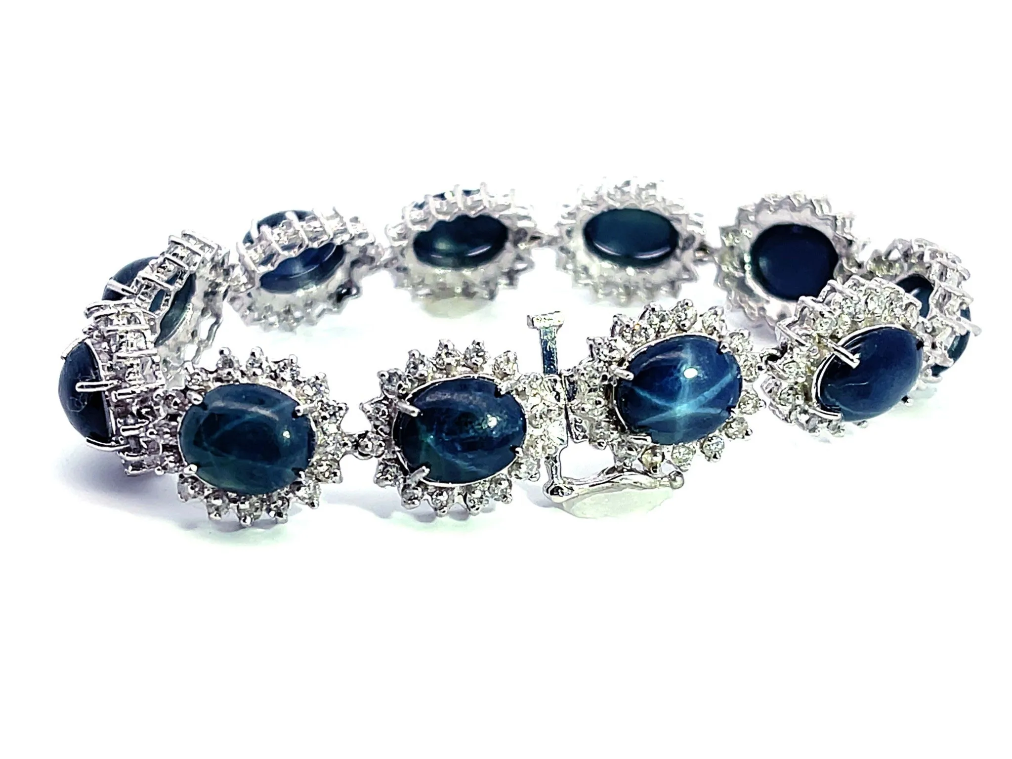 Blue Star Sapphire Diamond Statement Bracelet in 14k White Gold
