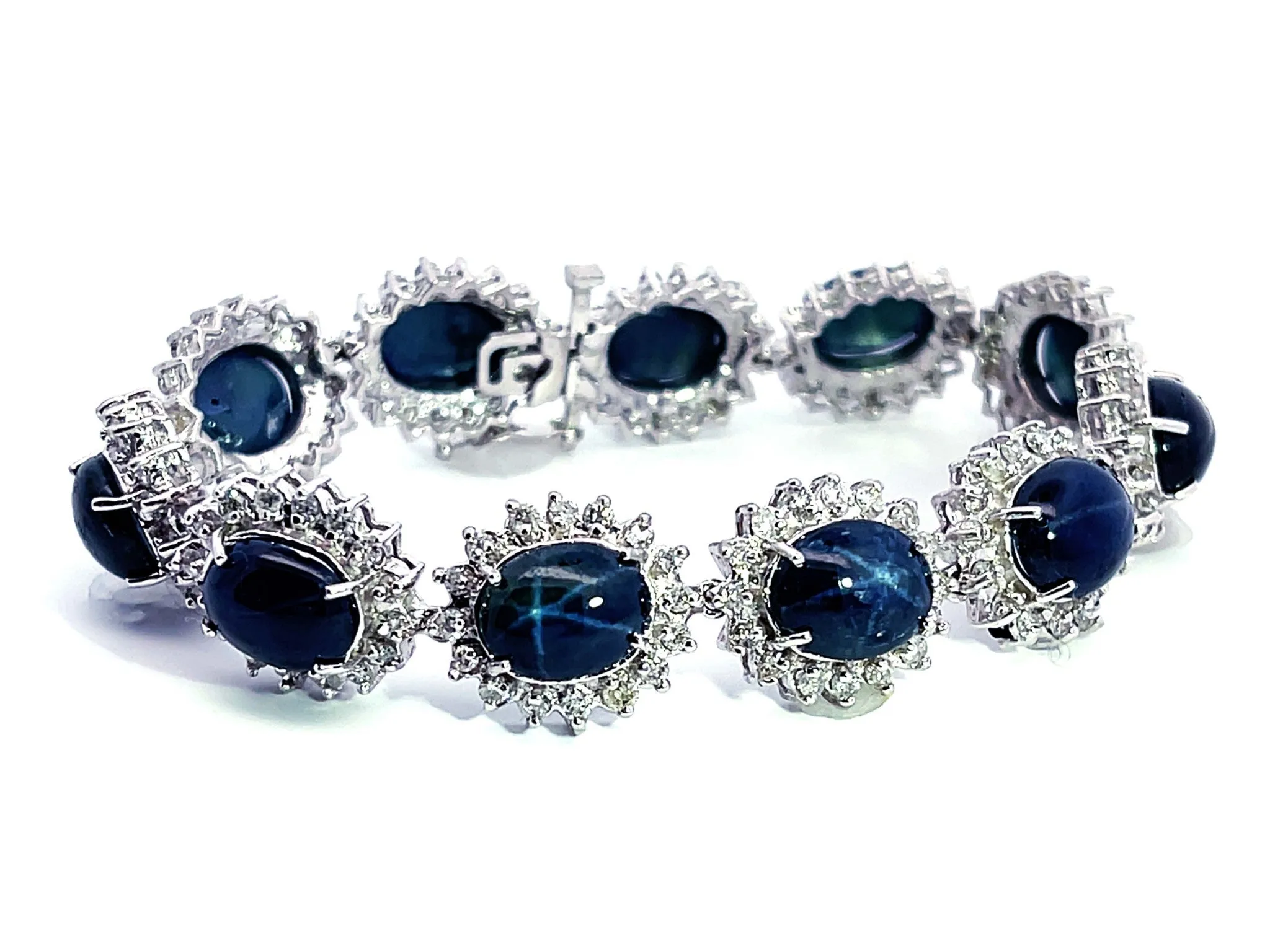 Blue Star Sapphire Diamond Statement Bracelet in 14k White Gold