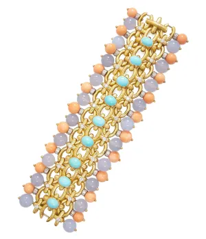 Brocade Bracelet, Turquoise, Coral, Chalcedony
