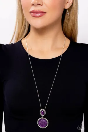 Castle Cadenza - Purple - Oversized Gems White Rhinestone Halo Paparazzi Long Necklace
