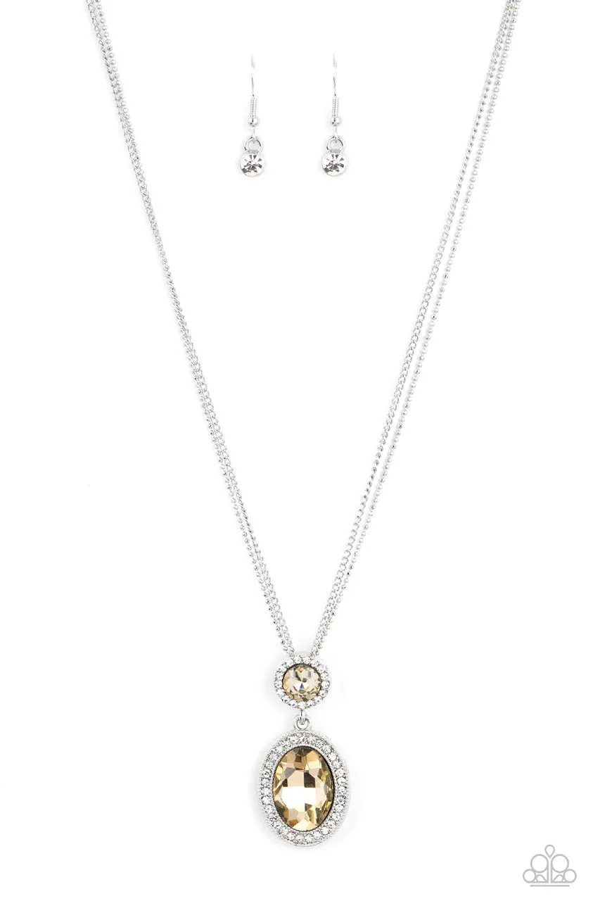 Castle Diamonds - Brown - Champagne Oval Rhinestone White Halo Paparazzi Short Necklace