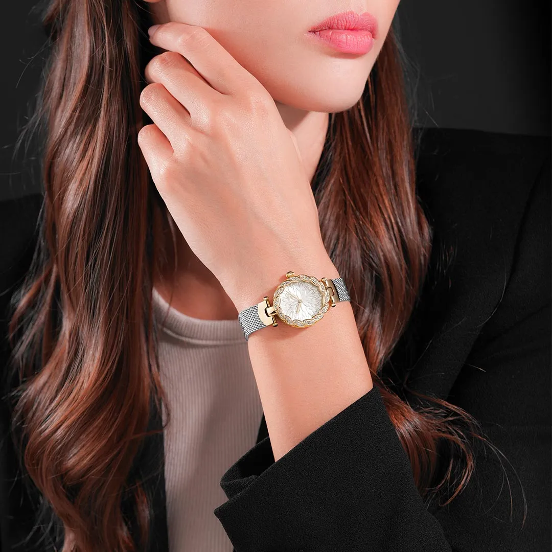 Cerruti 1881  Nemi Ladies White Dial Gold Case Silver Mesh Bracelet Watch