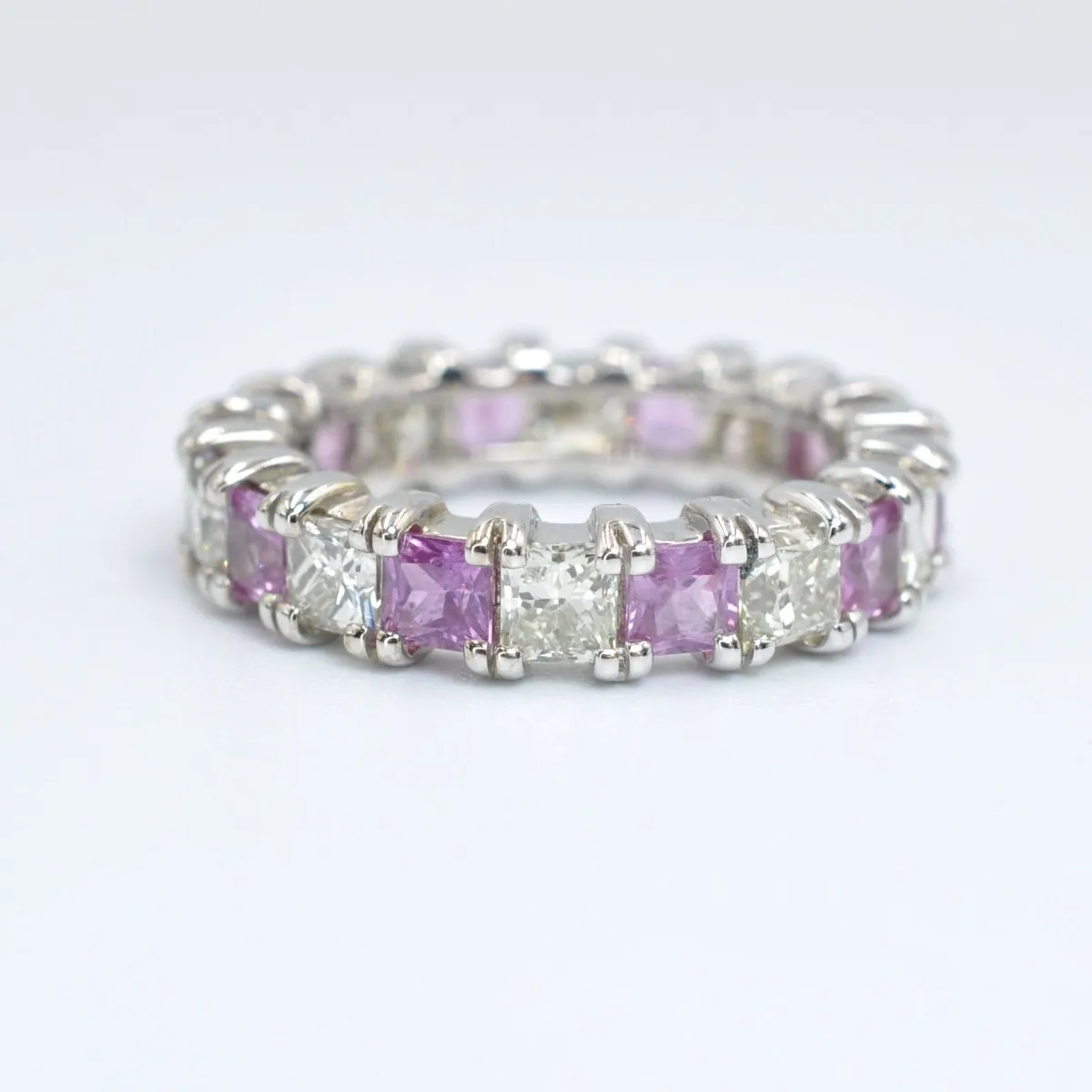 Certified 4.70CT Princess Cut Pink Sapphires & Diamond Eternity Ring in 14KT White Gold