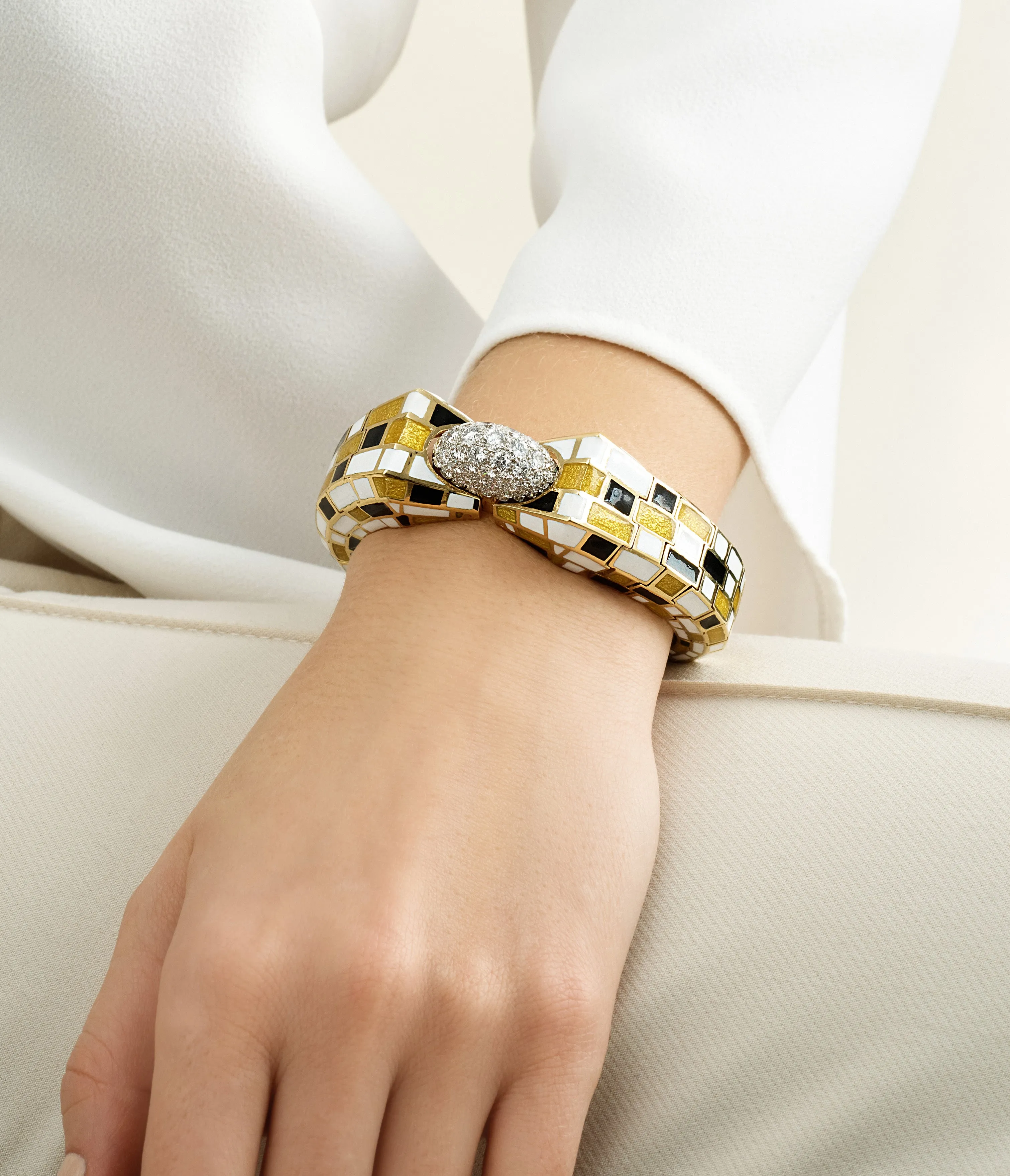 Checkerboard Bracelet, Yellow and White Enamel
