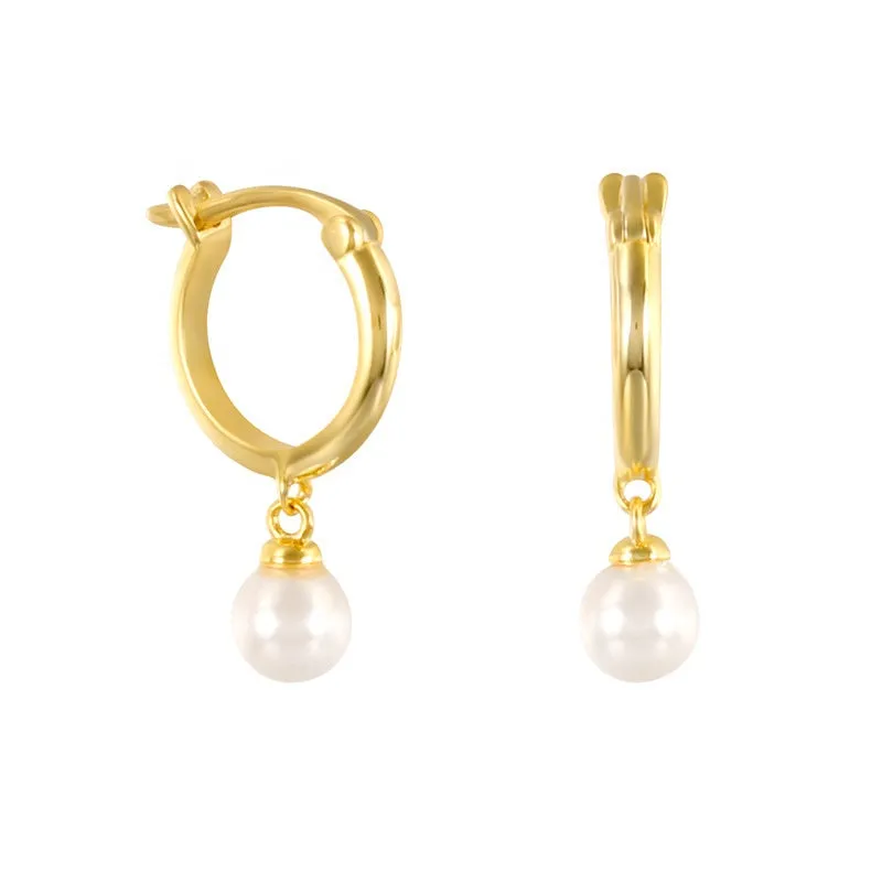Children's Earrings:  Sterling Silver Snap Back Hoops 9mm with White Pearl