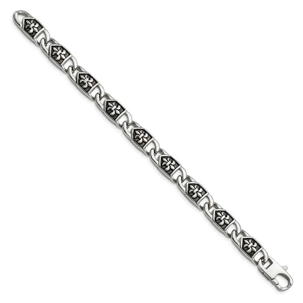Chisel Stainless Steel Antiqued and Polished Fleur de Lis 8.75 inch Link Bracelet