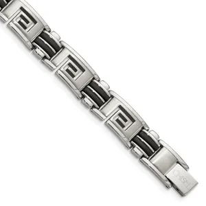 Chisel Stainless Steel Brushed and Polished Black Rubber Inlay Greek Key 8.5 inch Bracelet
