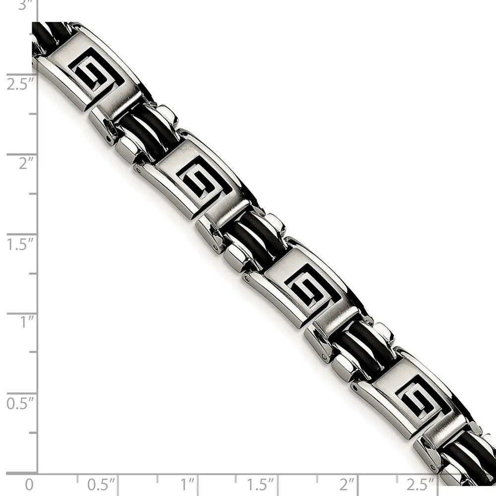 Chisel Stainless Steel Brushed and Polished Black Rubber Inlay Greek Key 8.5 inch Bracelet