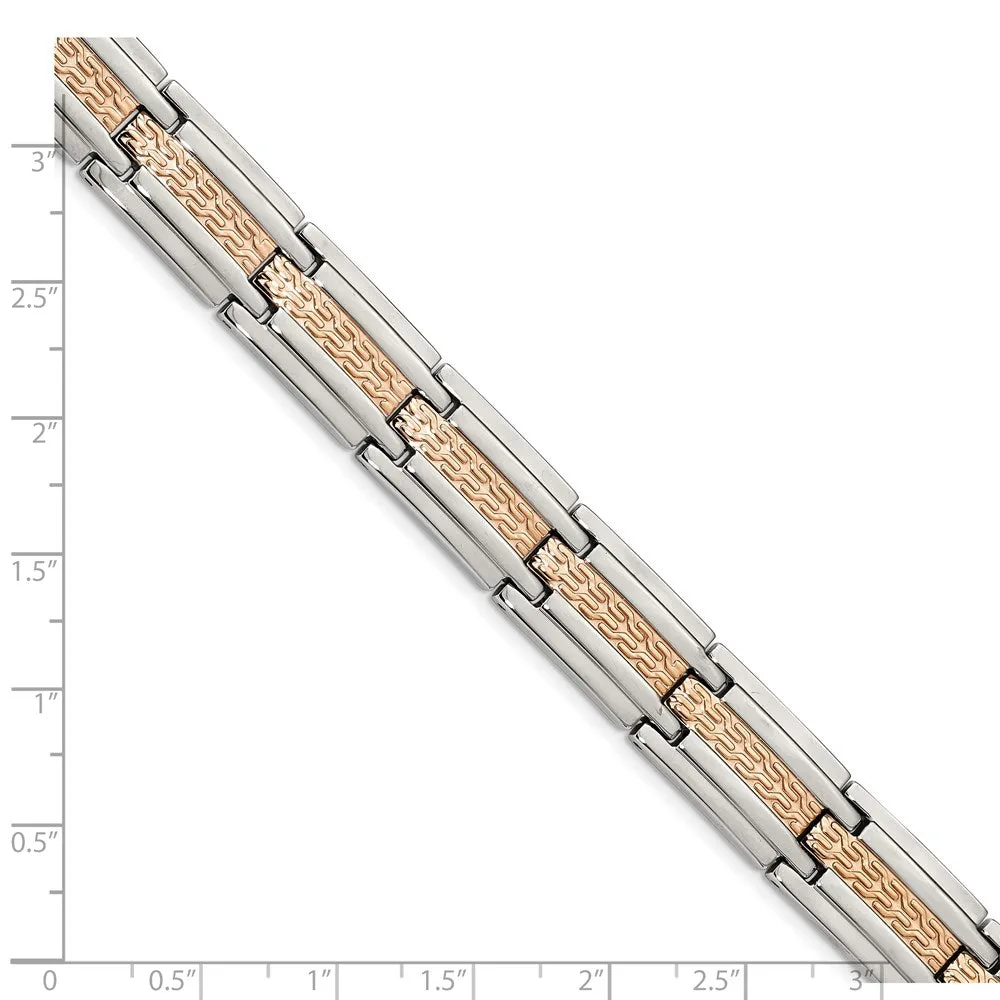 Chisel Stainless Steel Polished and Textured Rose IP-plated 8.5 inch Link Bracelet